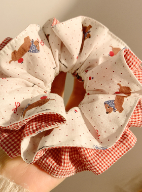 红色格子波点腊肠狗双层大肠发圈女韩系复古高级感头绳丸子头发饰