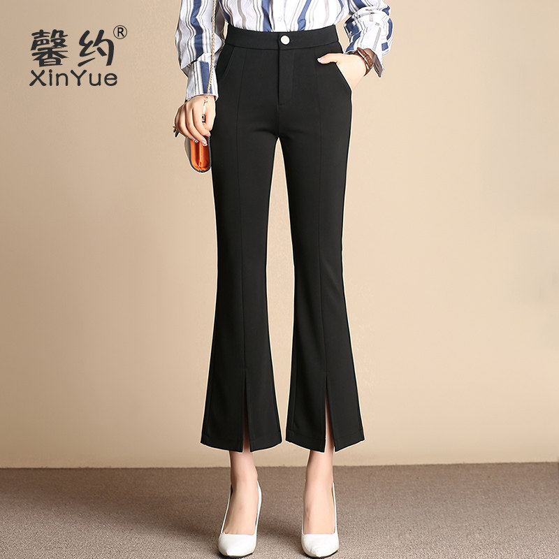 开叉喇叭裤女春秋2021新款高腰显瘦女式前开叉微喇裤黑色九分裤子在类目 女装/女士精品, 裤子, 休闲裤中 - 来自Buy2taobao.com提供专业的淘宝代购服务