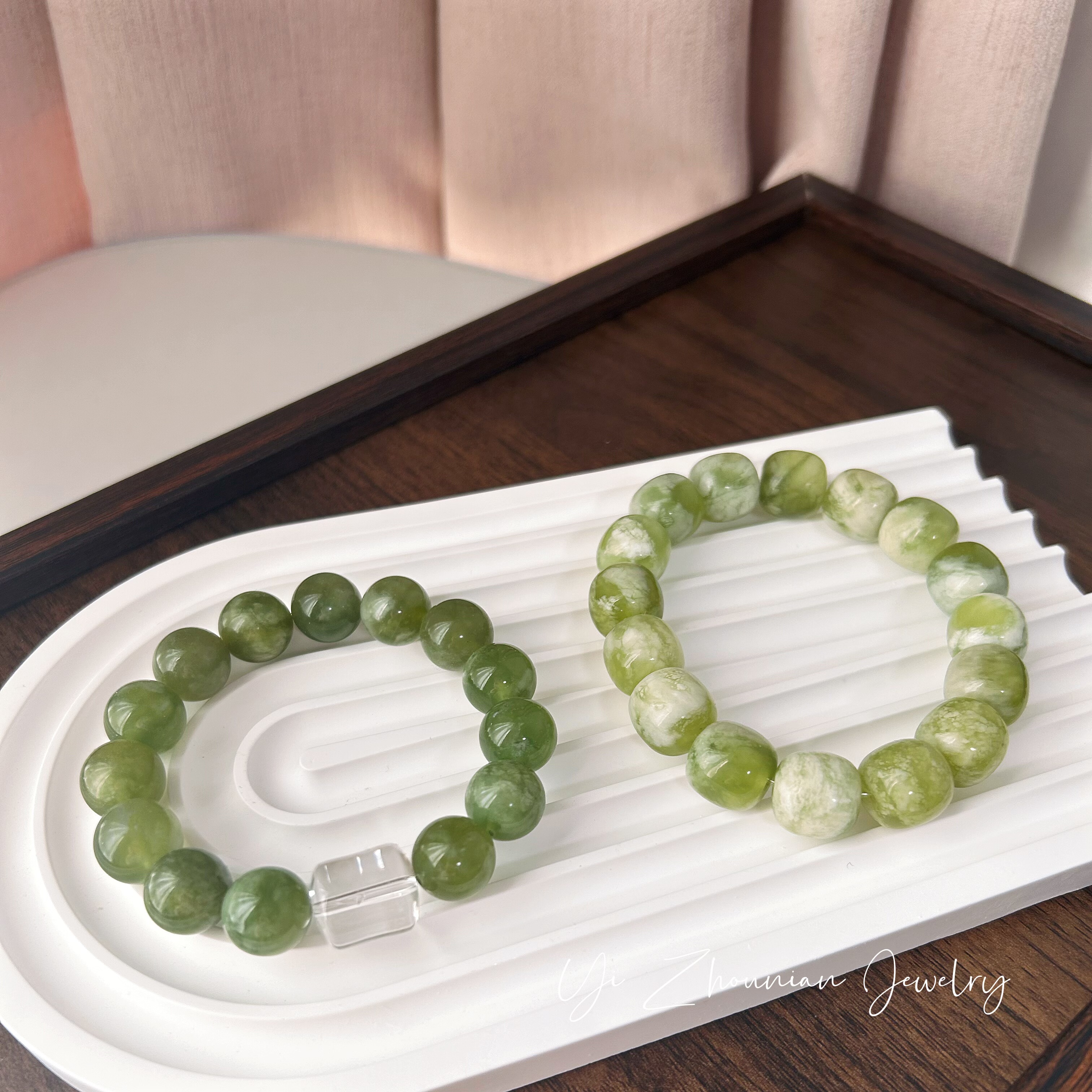 青提奶盖原创天然岫玉白水晶手串手链女款单圈简约百搭饰品简约