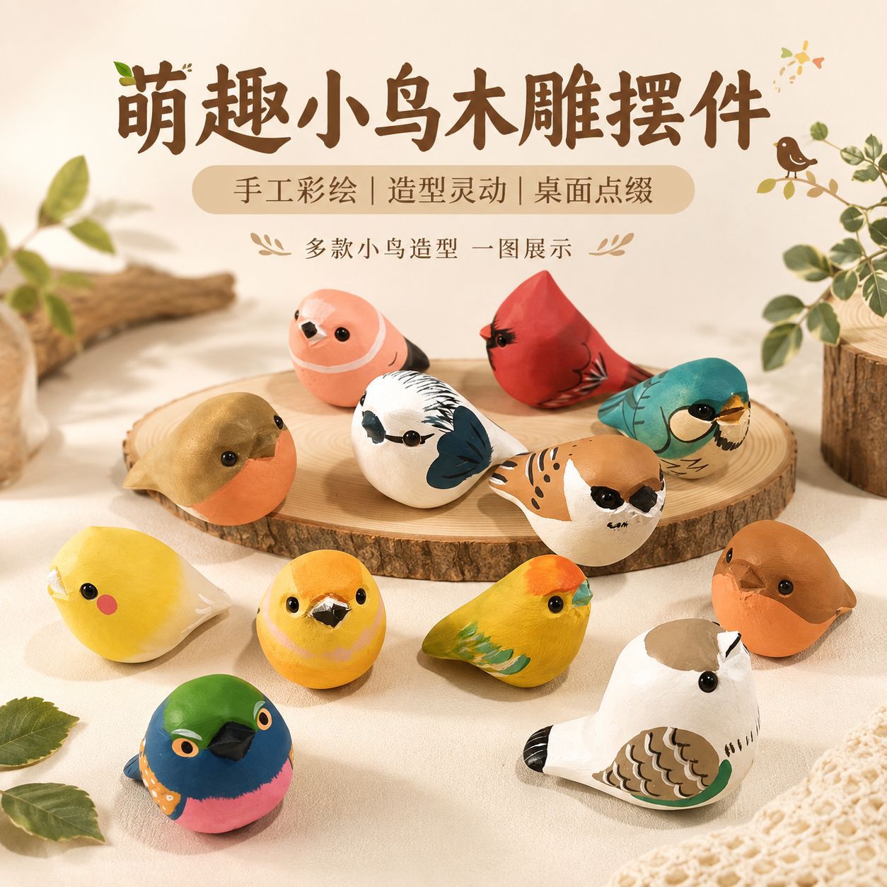 手工木制工艺品 木雕小胖鸟摆件 手绘小鸟实木雕刻木质品摆件挂坠