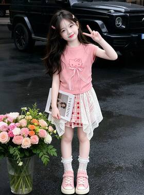 女童装夏季时髦洋气t套装中大儿童女孩KT猫飞袖T恤屁帘短裤两件套