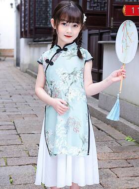 女童新款盘扣立领绣花旗袍裙