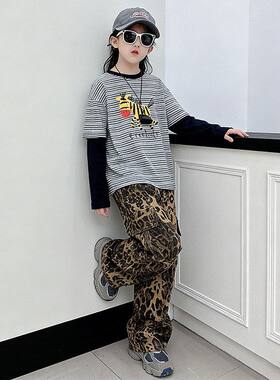 女童春季新款卡通豹纹工装两件套