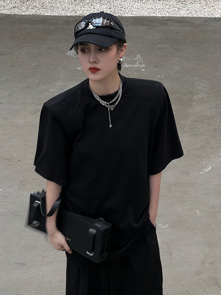 everdana自制夏宽松纯色圆领短袖t恤垫肩质感小众上衣男女情侣潮