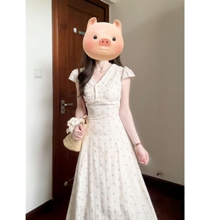 韩系温柔风收腰碎花连衣裙夏季 气质V领长裙子 法式 茶歇甜美飞飞袖