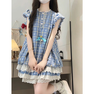 泡泡袖 甜美蓝色格子连衣裙女夏季 小个子公主蛋糕裙收腰蓬蓬短裙