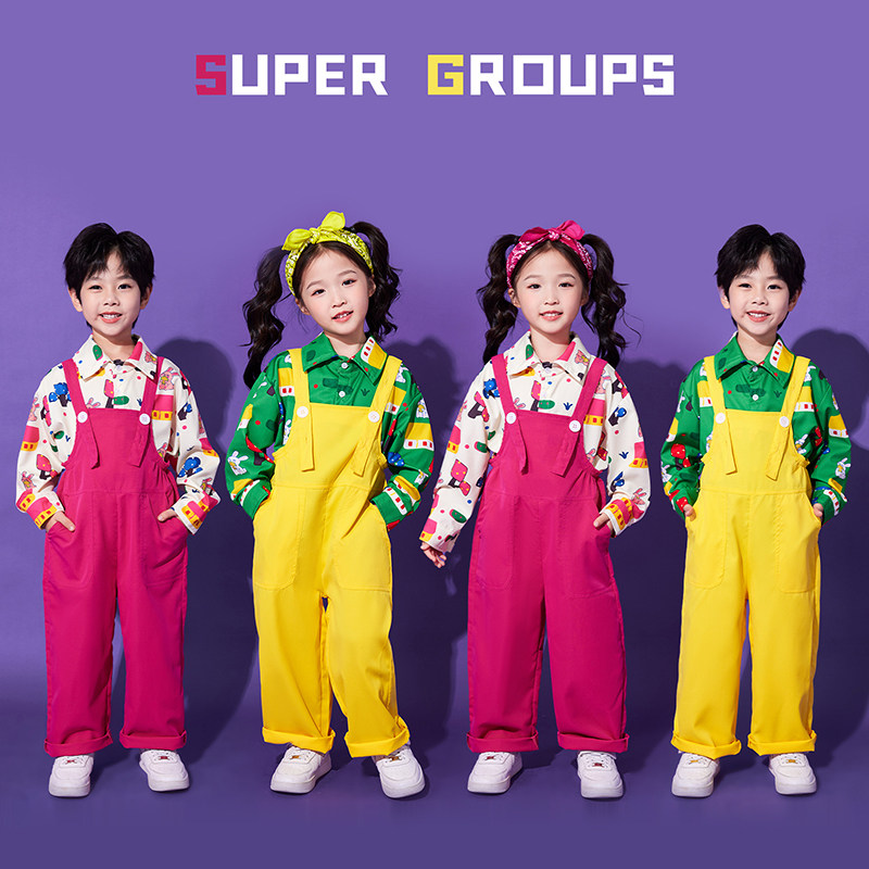 儿童啦啦队演出服幼儿园元旦表演服小学生合唱舞蹈可爱背带裤套装