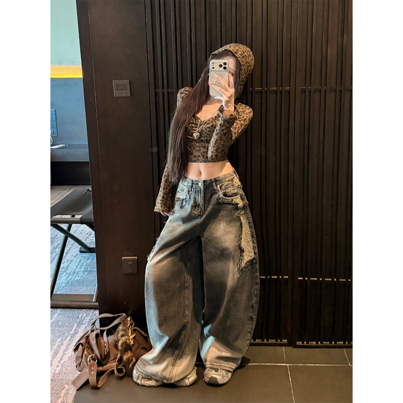 郑小亮黑灰低腰阔腿牛仔裤女豹纹拼接2026秋季新款宽松显瘦拖地裤