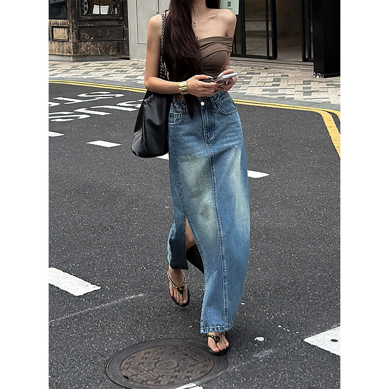 郑小亮高腰显瘦牛仔半身裙女2026夏季薄款梨形身材长款侧开叉裙子