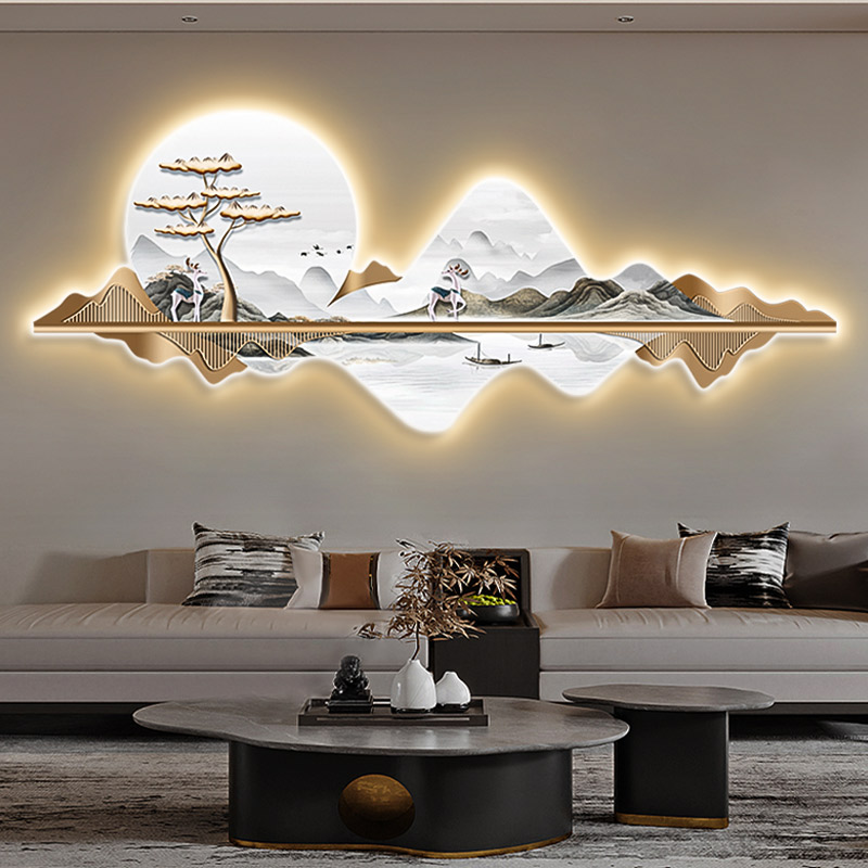 新中式招财麋鹿客厅装饰画LED灯画山水发光沙发背景墙挂画壁画