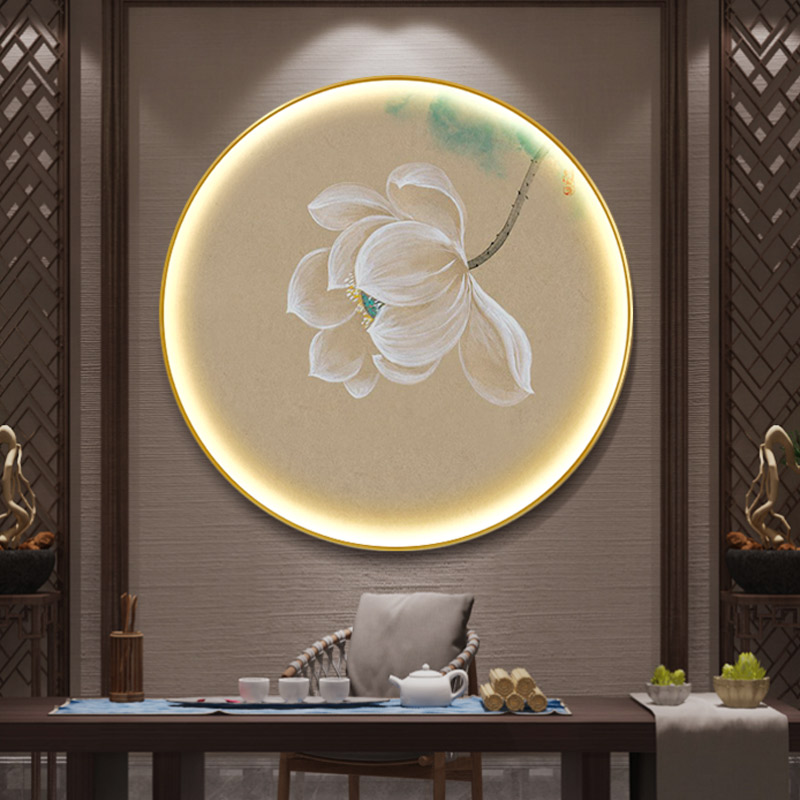 新中式荷花入户玄关LED灯画装饰画圆形壁画客厅茶室禅意水墨挂画图片
