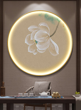 新中式荷花入户玄关LED灯画装饰画圆形壁画客厅茶室禅意水墨挂画