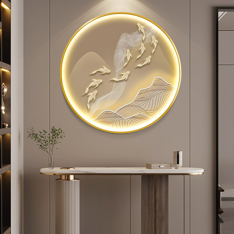 九鱼图入户玄关发光装饰画轻奢圆形led灯画餐厅壁画走廊过道挂画图片
