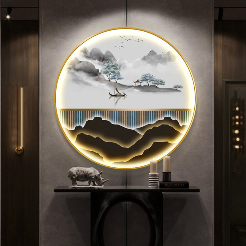 装饰画发光灯画圆形玄关山水画图片