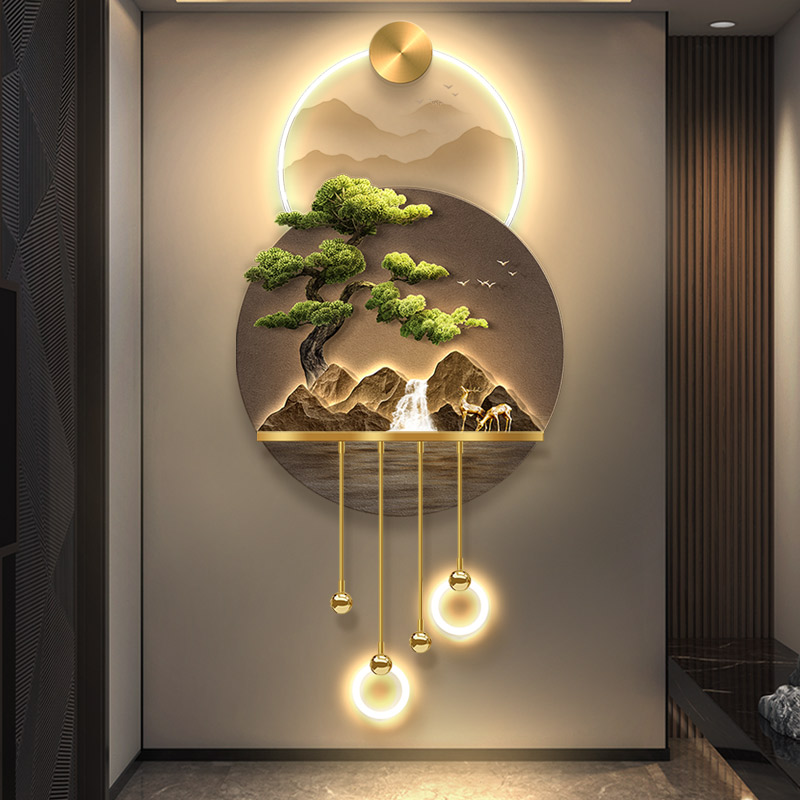 迎客松玄关发光九鱼装饰画轻奢LED灯光画福鹿走廊感应山水氛围灯图片