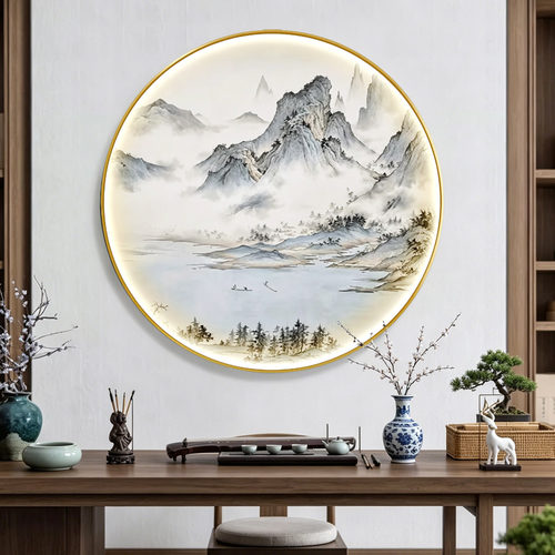 新中式入户发光带灯玄关装饰画客厅走廊圆形意境山水挂画茶室壁画