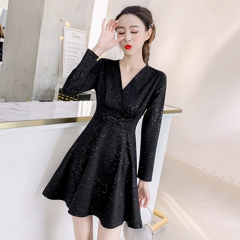 长袖v领亮闪闪收腰显瘦中长款a字连衣裙打底名媛高级感女装春秋季