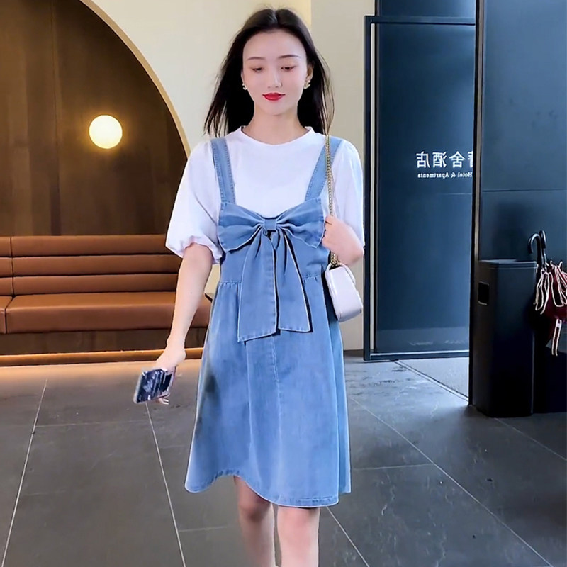 蝴蝶结吊背带牛仔连衣裙两穿泡泡短袖t恤时尚休闲两件套装女夏春