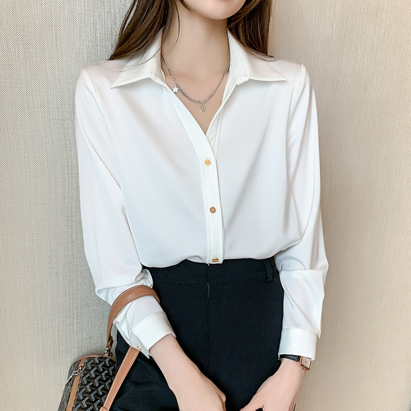 金属扣时尚显瘦职业真丝雪纺衬衫宽松长袖打底垂感上衣春秋新款女