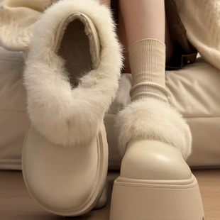 厚底增高加绒皮面勃肯鞋女2025新款冬季雪地靴毛毛鞋棉鞋乐福鞋子