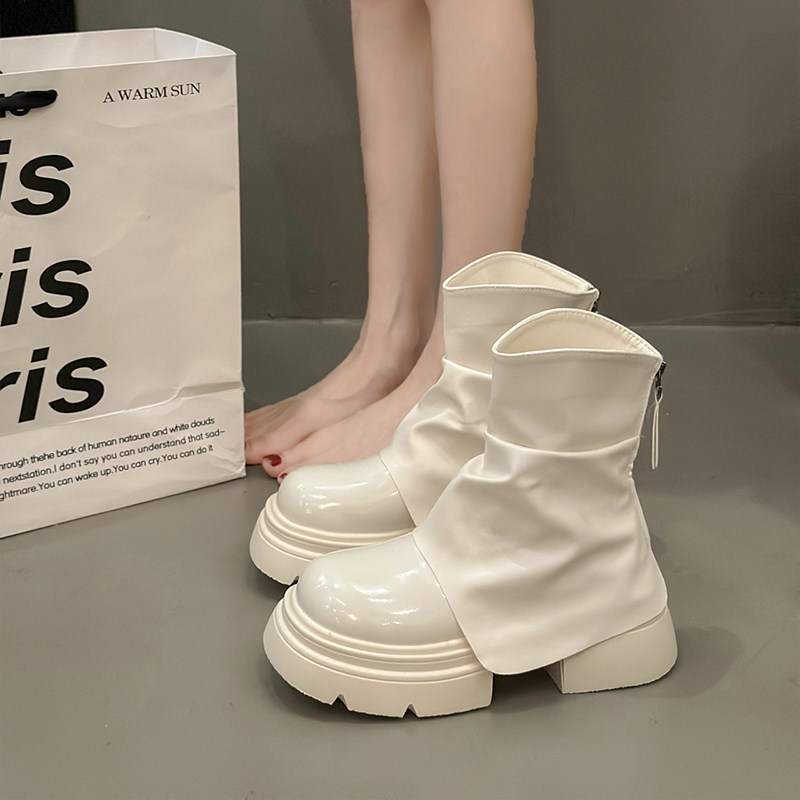 英伦风厚底马丁靴女2025秋季新款白色小个子增高裤管短靴堆堆靴子
