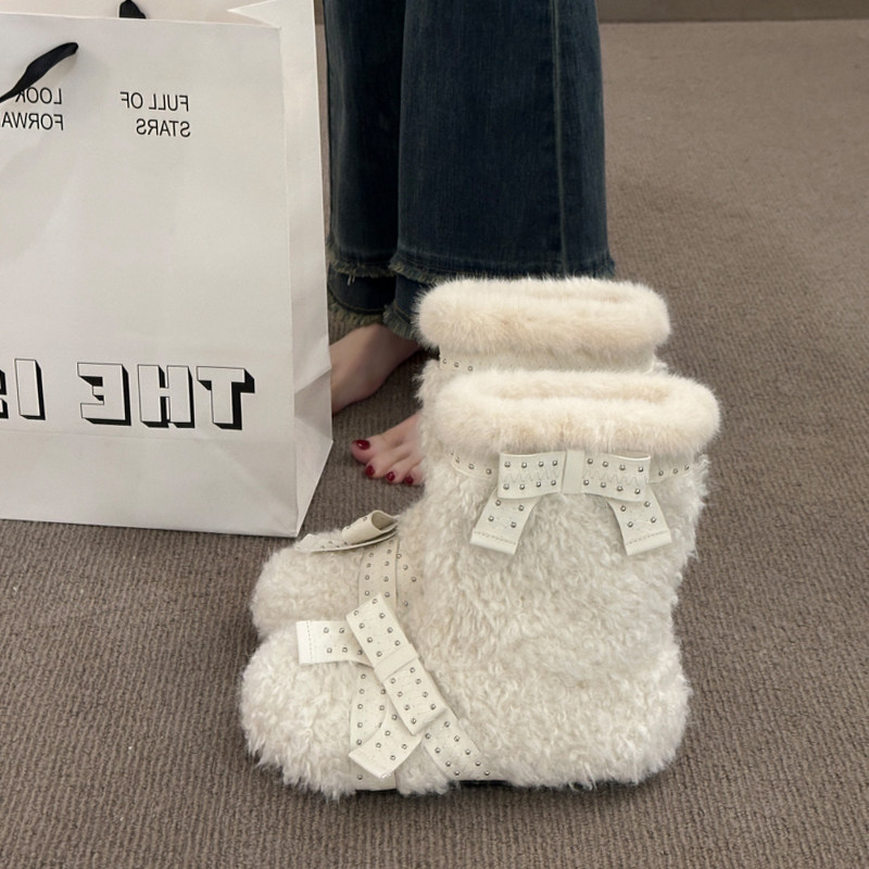 毛毛鞋雪地靴女2025新款冬季加绒雪地棉鞋保暖棉靴蝴蝶结短筒靴子
