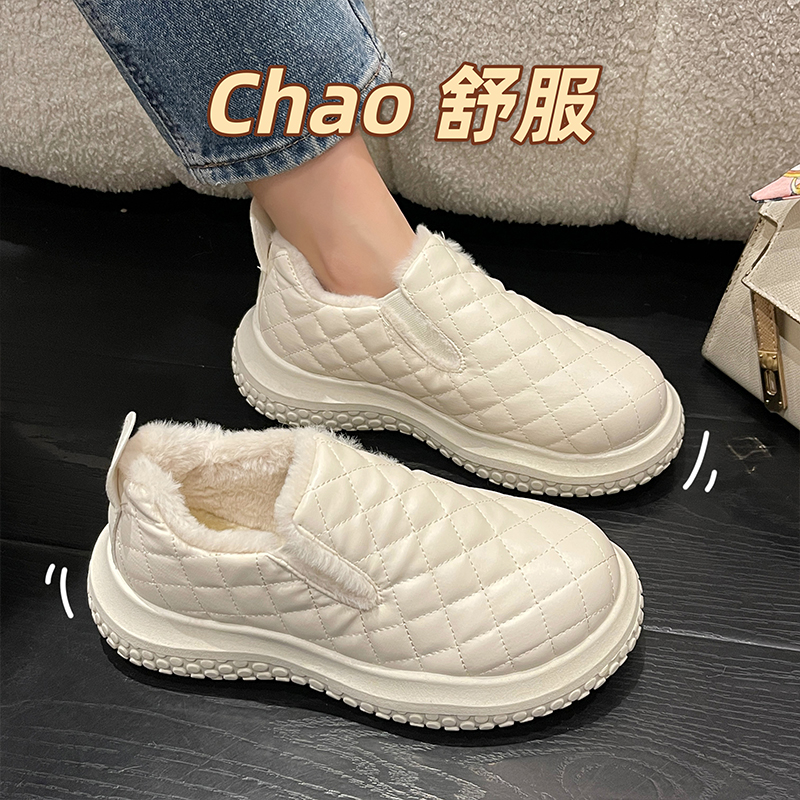 雪地靴女2025新款春季短筒靴时尚百搭懒人一脚蹬保暖皮面防水棉鞋