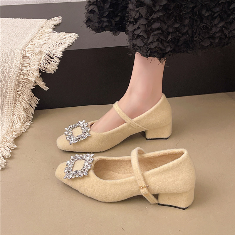 粗跟水钻毛毛鞋女冬加绒保暖棉鞋呢子单鞋法式气质仙女玛丽珍鞋