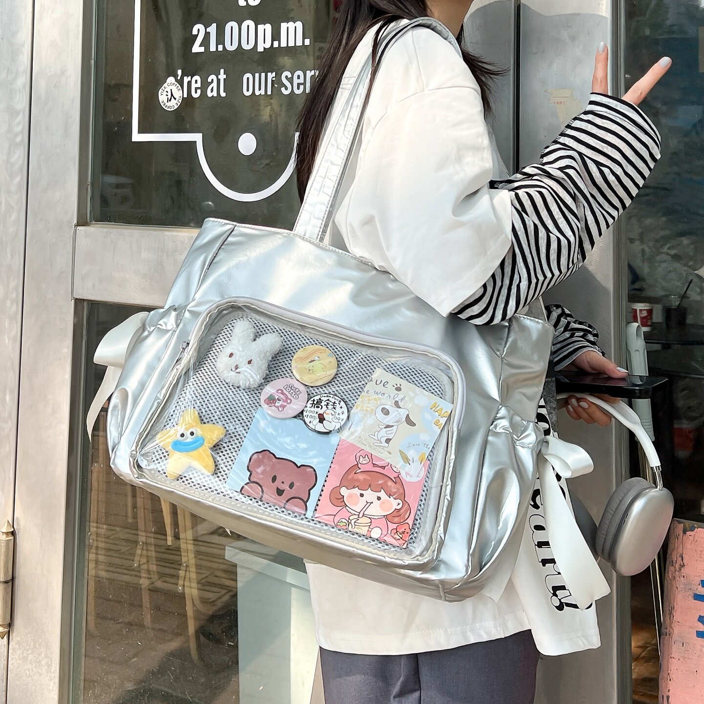 日系二次元少女大食量痛包小众设计风珠光蝴蝶结单肩托特包手提包