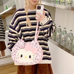 韩系卡通包可爱毛绒手提包女2025豹纹凯蒂猫单肩包小众通勤学院风