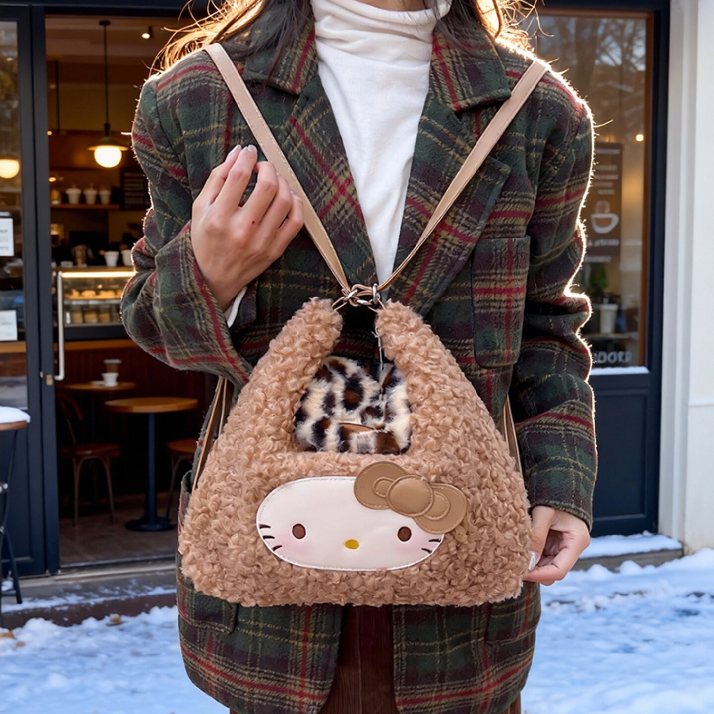 韩版ins复古豹纹凯蒂猫双肩包包女大容量毛绒可爱单肩包百搭背包