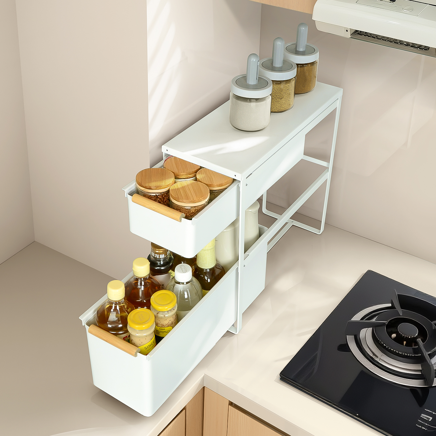 抽拉式调料架台式油盐酱醋收纳架窄缝抽拉篮双层置物架厨房调味料