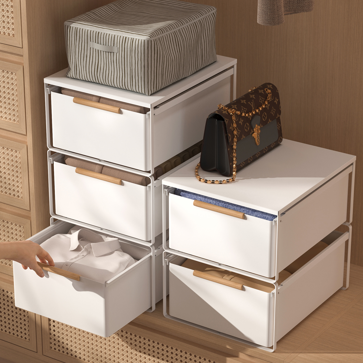 衣柜拉篮抽屉式带滑轨叠放抽拉衣服收纳筐衣帽间衣柜收纳分层神器