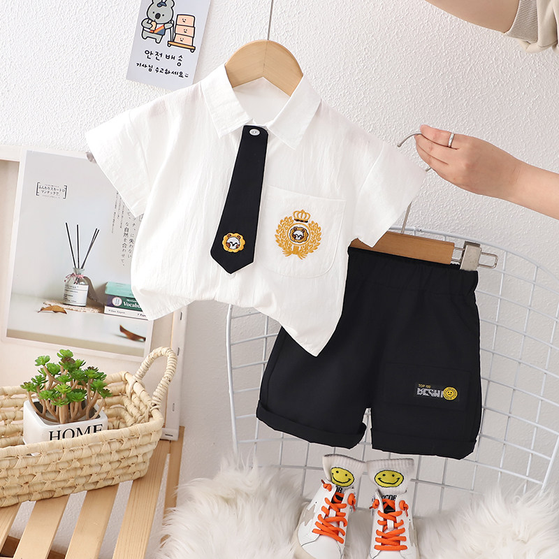 男童夏季套装2024新款韩版儿童酷帅夏装中小童衬衫短袖两件套潮牌