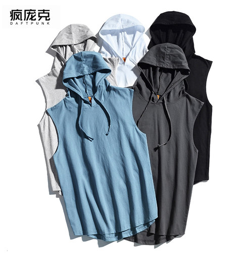 无袖t恤带帽嘻哈街头砍肩背心