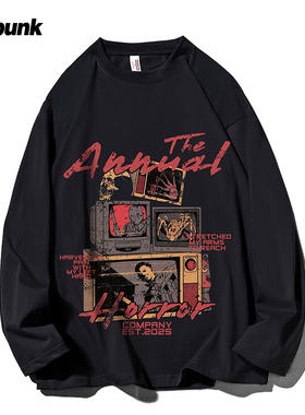 220g纯棉潮牌美式创意印花长袖T恤男女秋季oversize情侣百搭上衣