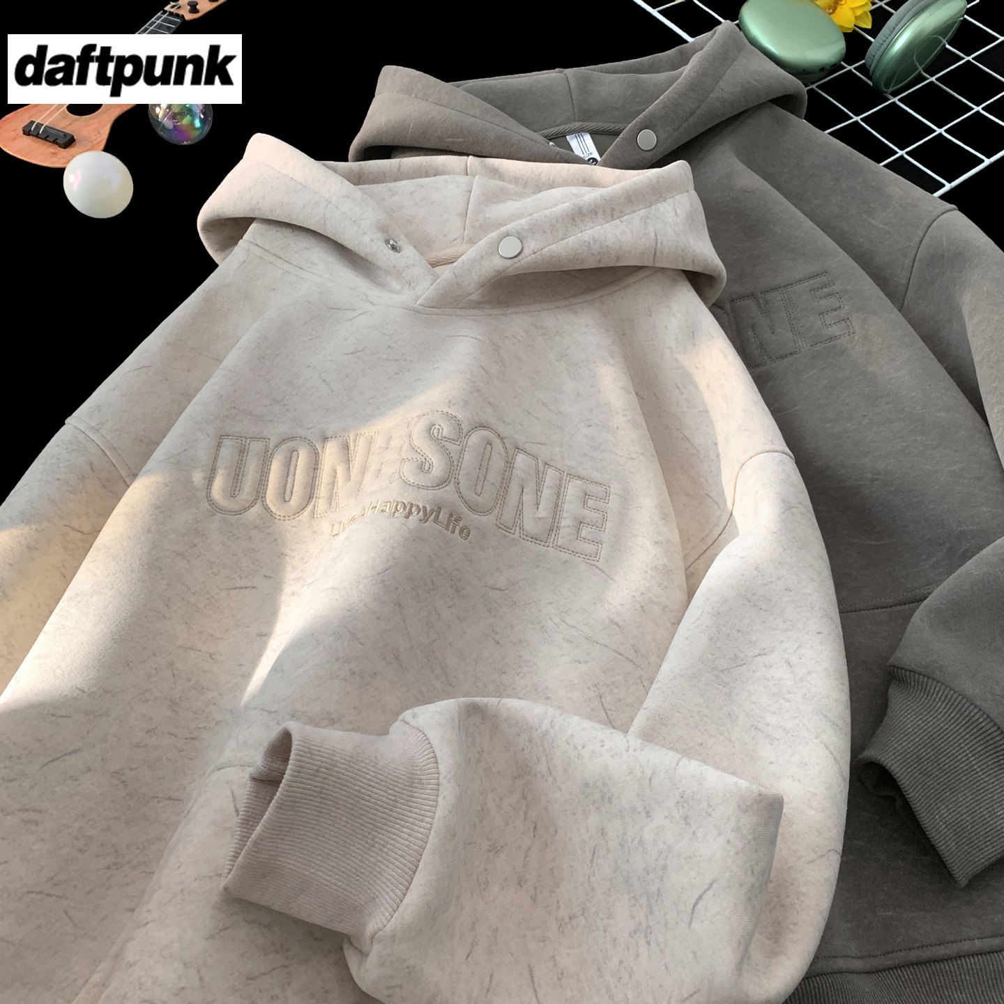 美式重磅茶绿色3D效果连帽卫衣