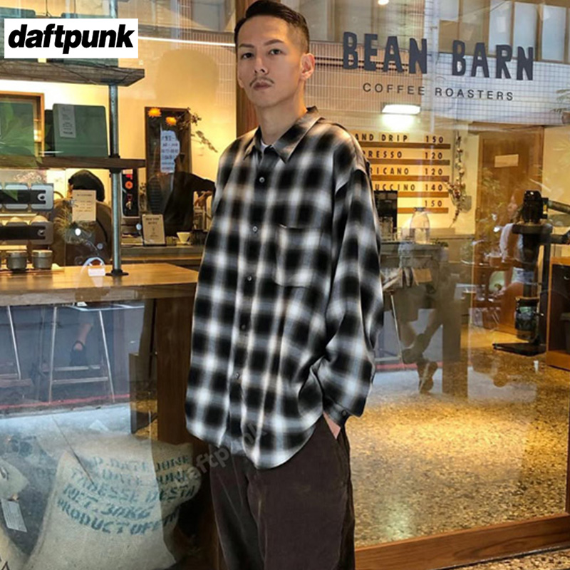 黑格子长袖衬衫男生休闲宽松衬衣