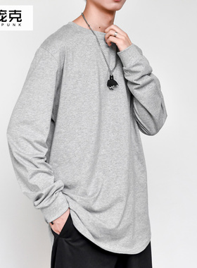 港美风大码纯灰高街长袖纯棉T恤潮牌圆弧下摆oversize打底衫男女