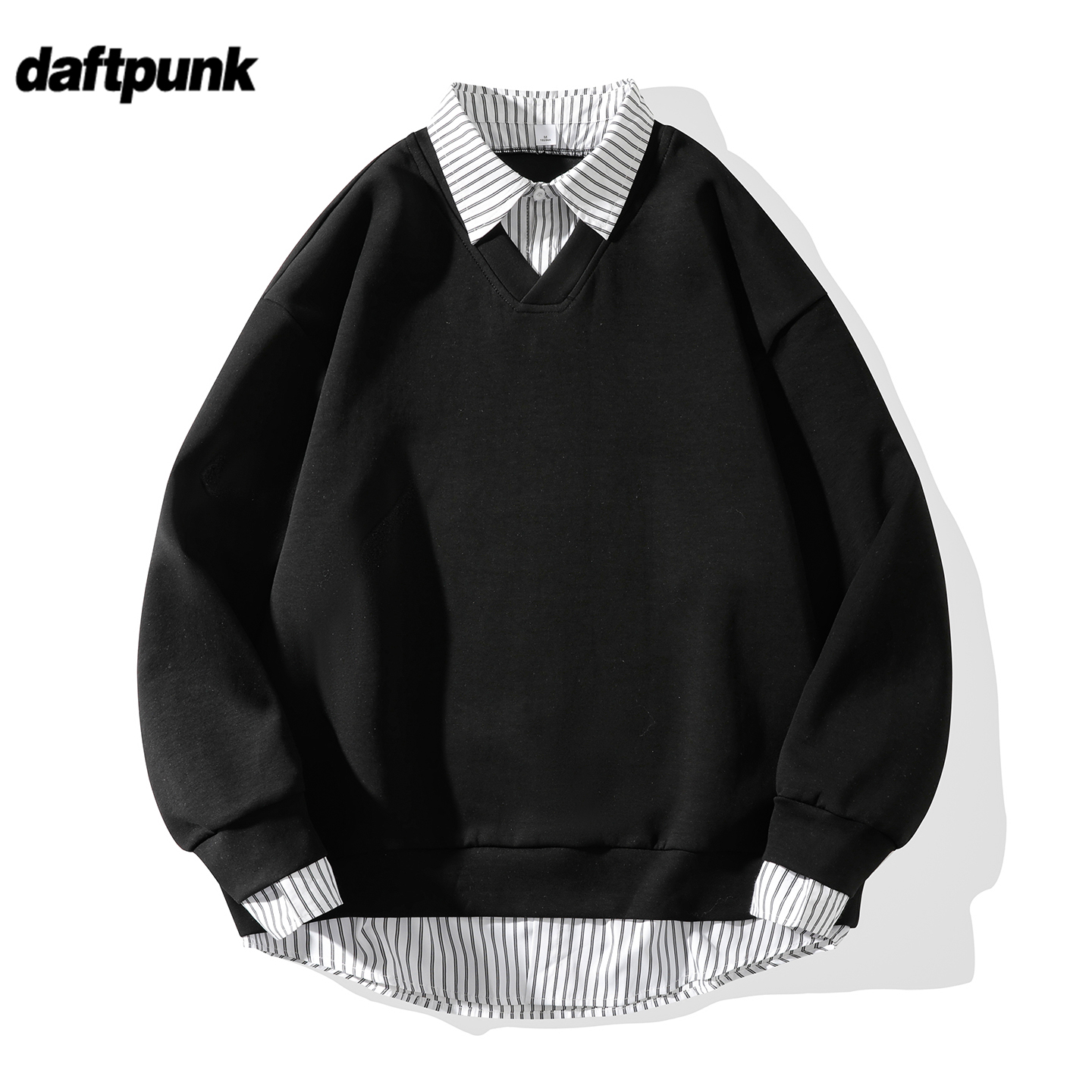 学院风衬衫领假两件卫衣男春秋