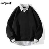 宽松打底衫 美式 叠穿外套潮 领假两件卫衣男春秋新款 2026学院风衬衫