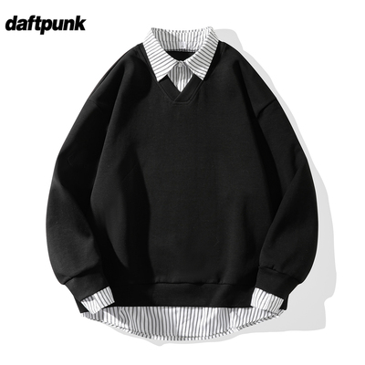 学院风衬衫领假两件卫衣男春秋