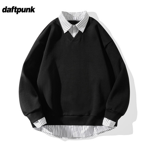 学院风衬衫领假两件卫衣男春秋