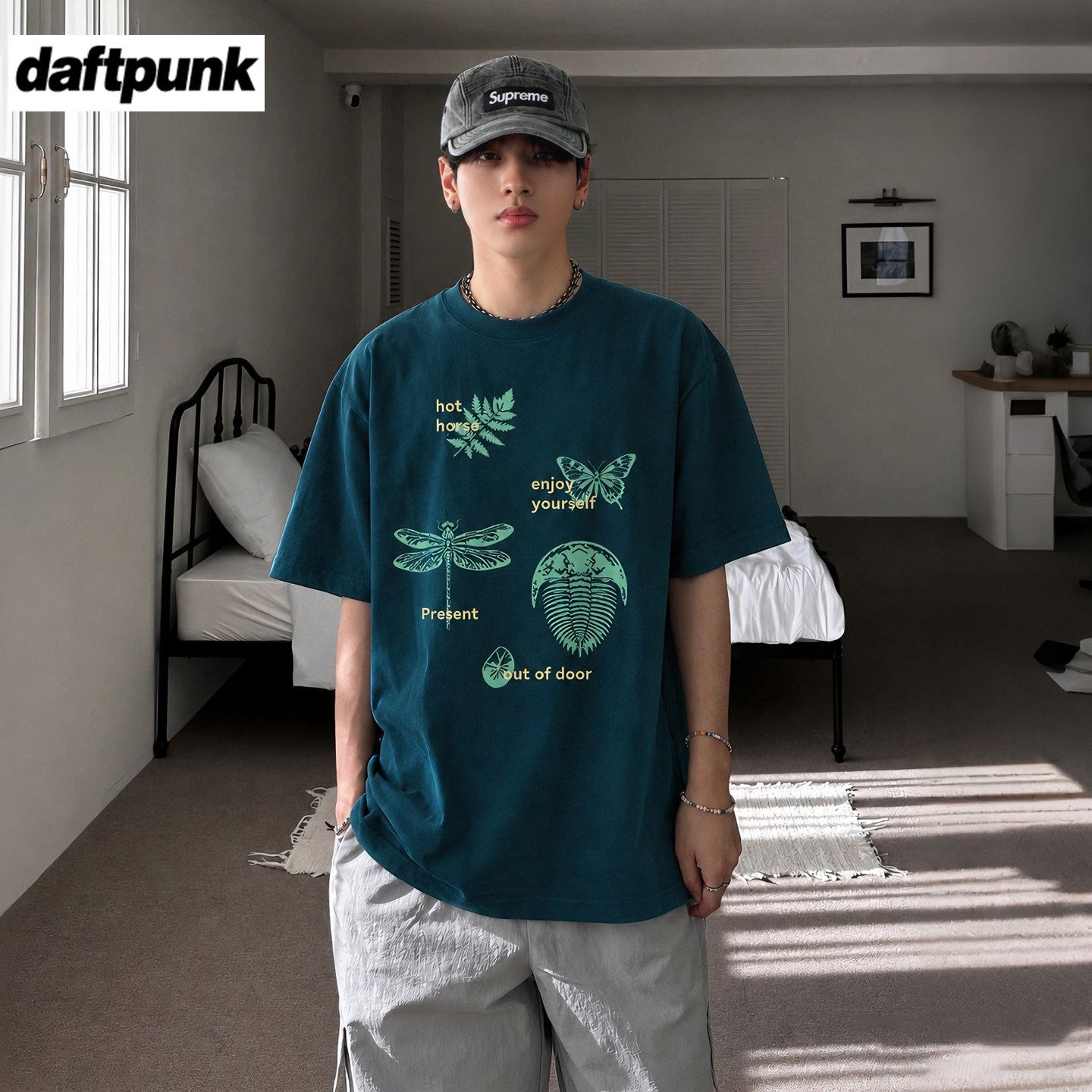 复古生物学化石蜻蜓蝴蝶短袖T恤图片