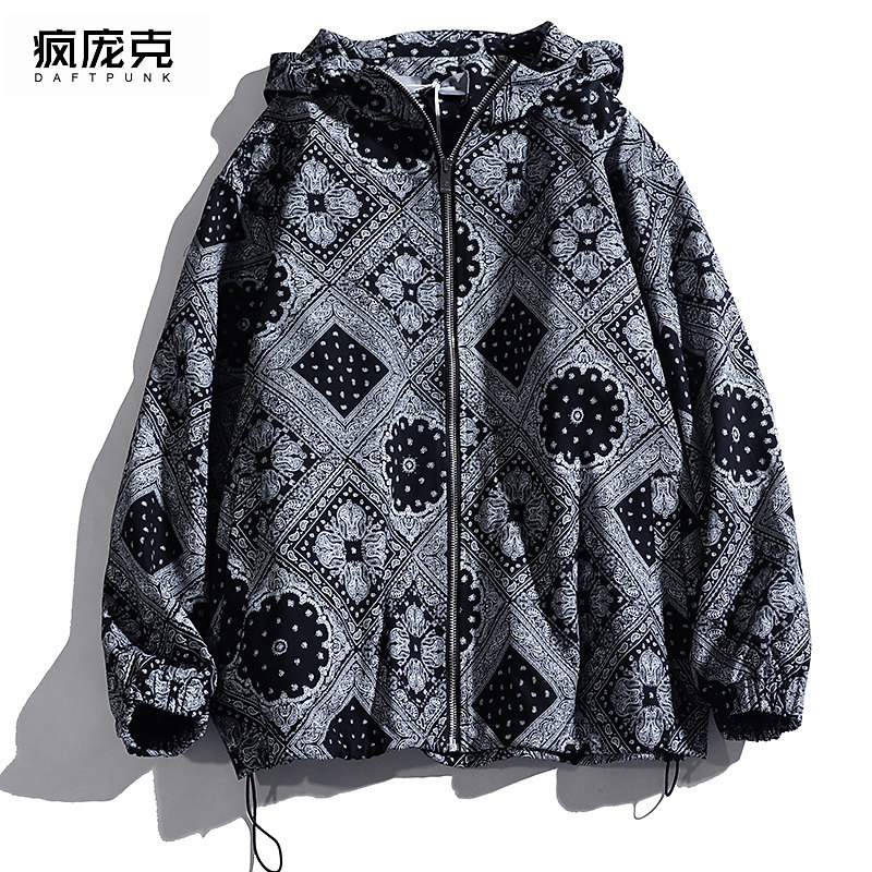 腰果花嘻哈高街黑色拉链外套男女潮流宽松百搭休闲青年学生夹克