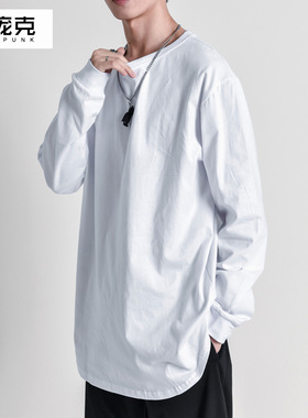 打底衫男长袖白t恤纯棉圆领内搭ins嘻哈潮流青年宽松大码港风纯色