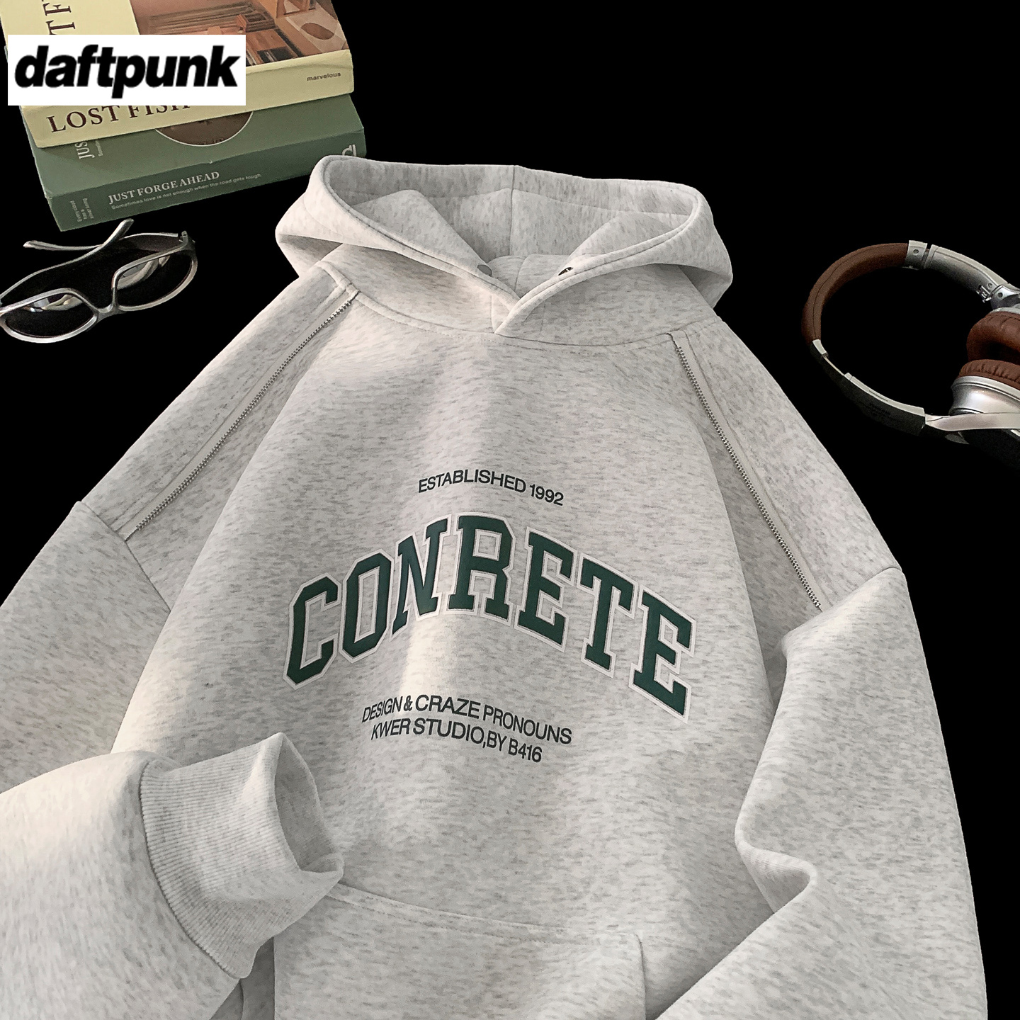 设计感连帽套头印花加绒加厚卫衣