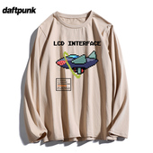 美式 复古hiphop杏色模糊像素字母圆领卫衣女春夏薄款 宽松T恤外套