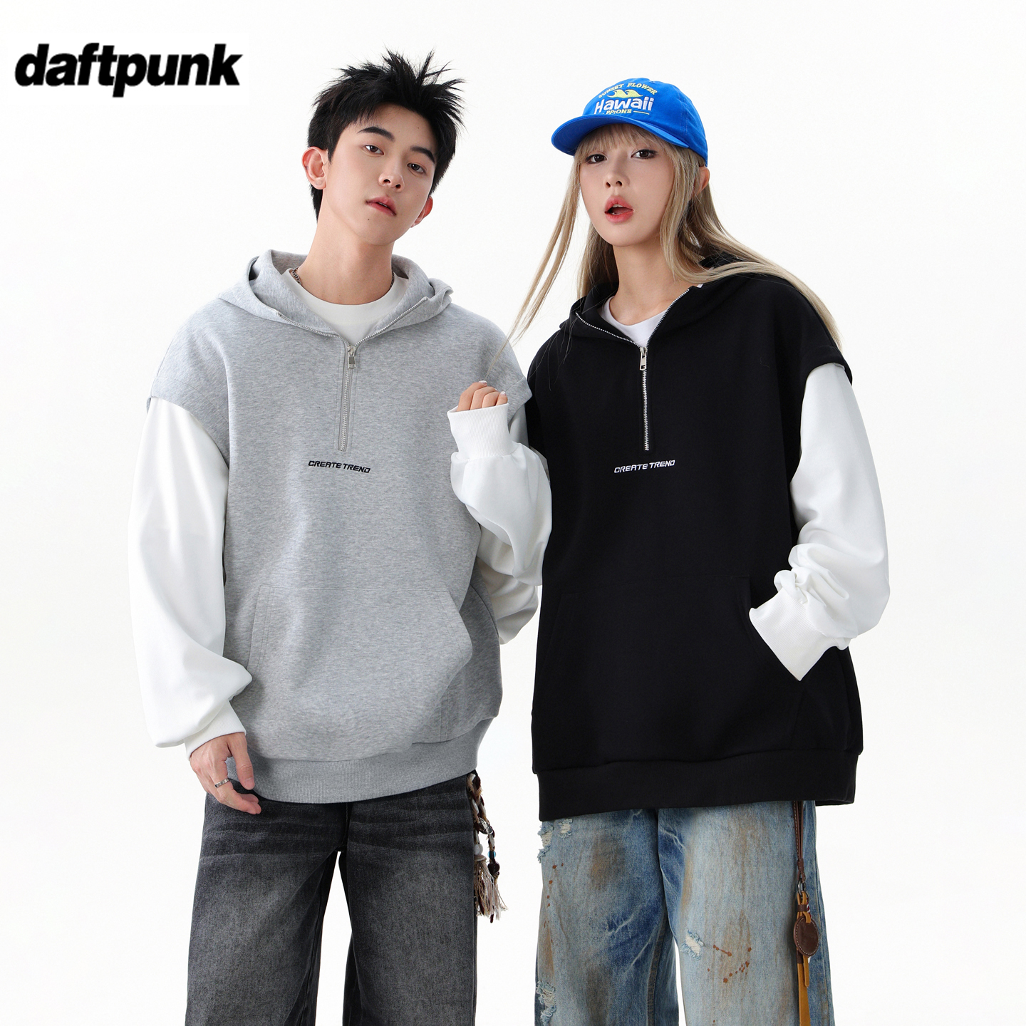 疯庞克刺绣半拉链卫衣拼接落肩袖