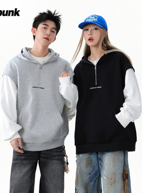 疯庞克刺绣半拉链卫衣男女春秋季2025重磅拼接宽松落肩袖叠穿外套